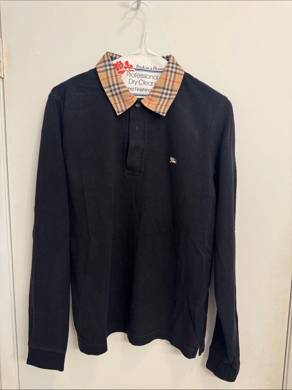 Burberry Black Long Sleeve Polo with Signature Plaid Collar
